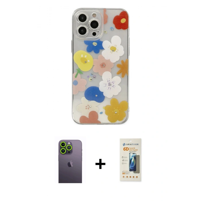 MARSİLYAN™- iPhone 13 Pro Max Kılıf Eksen Asil Prime - Siyah 6D Mat Seramik Hayalet Nano Ekran Koruyucu + Yeşil Neon Fosforlu Kamera Lens