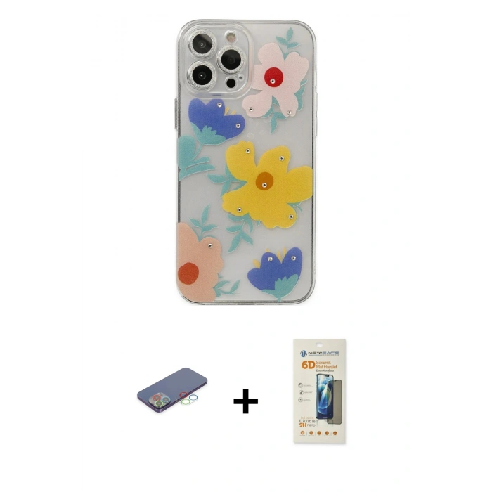 MARSİLYAN™- iPhone 13 Pro Max Kılıf Eksen Asil Prime - Siyah 6D Mat Seramik Hayalet Nano Ekran Koruyucu + Renkli Kamera Lens Koruma Cam - MI