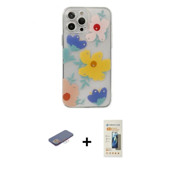 MARSİLYAN™- iPhone 13 Pro Max Kılıf Eksen Asil Prime - Siyah 6D Mat Seramik Hayalet Nano Ekran Koruyucu + Pembe Renkli Kamera Lens Koruma Cam