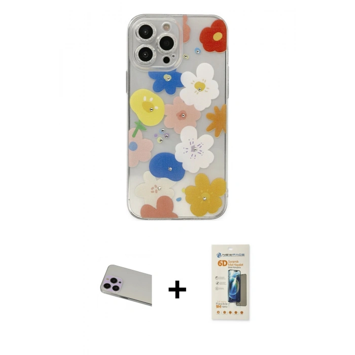 MARSİLYAN™- iPhone 13 Pro Max Kılıf Eksen Asil Prime - Siyah 6D Mat Seramik Hayalet Nano Ekran Koruyucu + Mor Rainbow Kamera Lens Koruma Cam