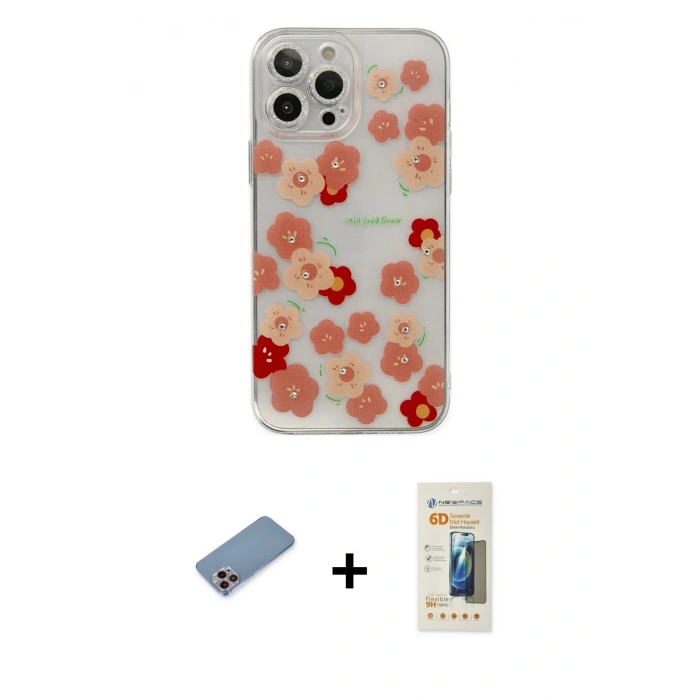 MARSİLYAN™- iPhone 13 Pro Max Kılıf Eksen Asil Prime - Siyah 6D Mat Seramik Hayalet Nano Ekran Koruyucu + Pembe Shine Kamera Lens Koruma Cam