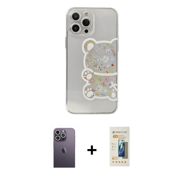 MARSİLYAN™- iPhone 13 Pro Max Kılıf Eksen Asil Prime - Siyah 6D Mat Seramik Hayalet Nano Ekran Koruyucu + Neon Fosforlu Kamera Lens - BZ