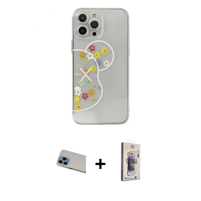 MARSİLYAN™- iPhone 13 Pro Max Kılıf Eksen Asil Prime - Siyah Bilvis 3D Cam Ekran Koruyucu + Mavi Rainbow Kamera Lens Koruma Cam