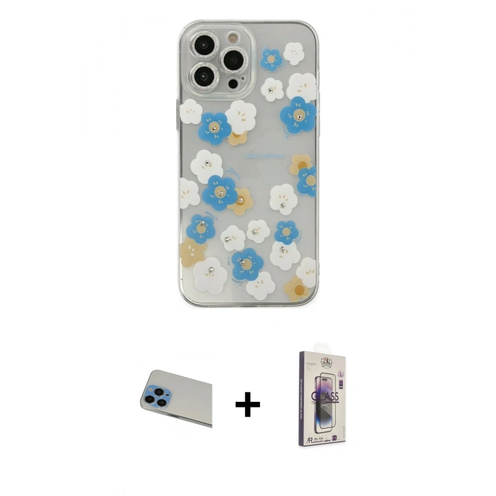 MARSİLYAN™- iPhone 13 Pro Max Kılıf Eksen Asil Prime - Siyah Bilvis 3D Cam Ekran Koruyucu + Mavi Rainbow Kamera Lens Koruma Cam