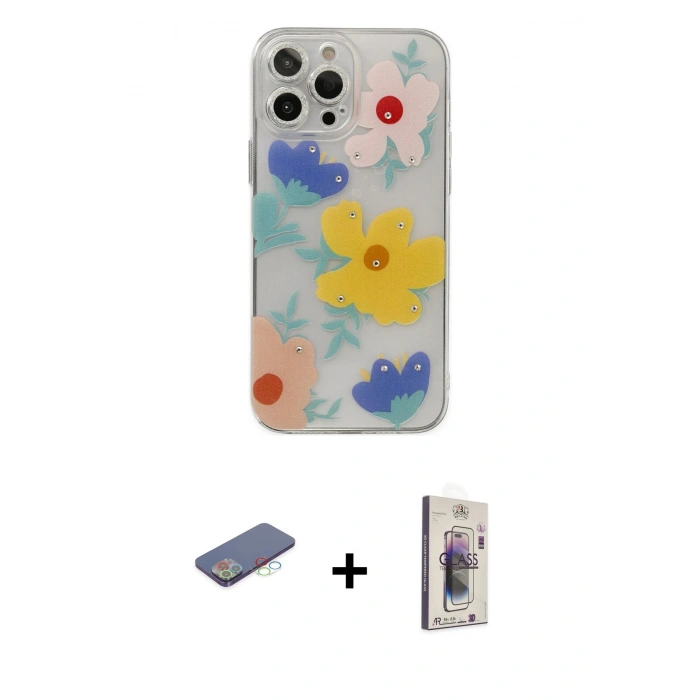 MARSİLYAN™- iPhone 13 Pro Max Kılıf Eksen Asil Prime - Siyah Bilvis 3D Cam Ekran Koruyucu + Renkli Kamera Lens Koruma Cam - MI