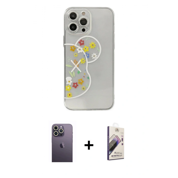 MARSİLYAN™- iPhone 13 Pro Max Kılıf Eksen Asil Prime - Siyah Bilvis 3D Mat Cam Ekran Koruyucu + Neon Fosforlu Kamera Lens - BZ