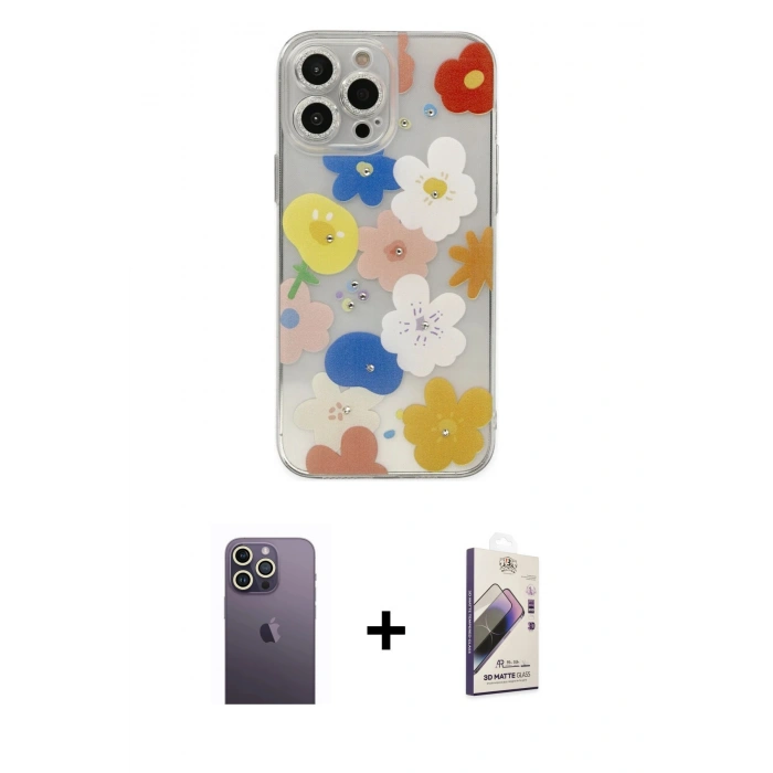 MARSİLYAN™- iPhone 13 Pro Max Kılıf Eksen Asil Prime - Siyah Bilvis 3D Mat Cam Ekran Koruyucu + Neon Fosforlu Kamera Lens - BZ