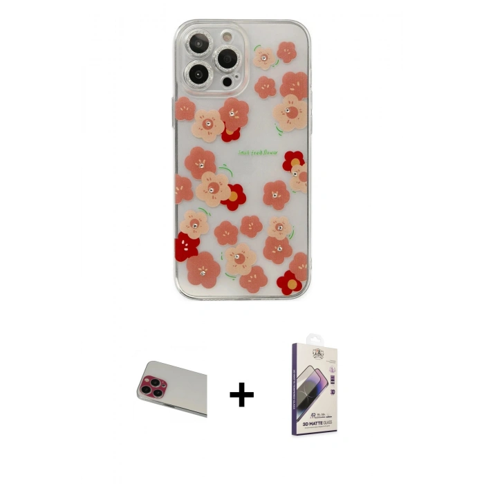 MARSİLYAN™- iPhone 13 Pro Max Kılıf Eksen Asil Prime - Siyah Bilvis 3D Mat Cam Ekran Koruyucu + Kırmızı Rainbow Kamera Lens Koruma Cam
