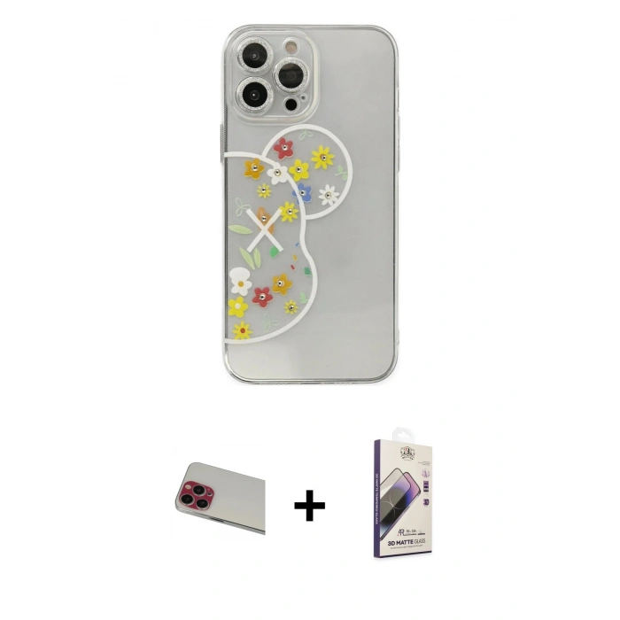 MARSİLYAN™- iPhone 13 Pro Max Kılıf Eksen Asil Prime - Siyah Bilvis 3D Mat Cam Ekran Koruyucu + Kırmızı Rainbow Kamera Lens Koruma Cam