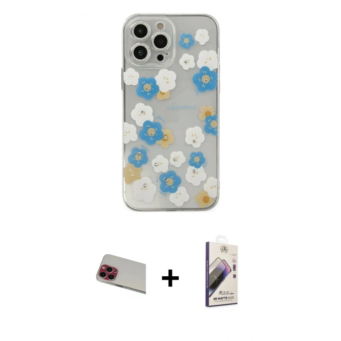 MARSİLYAN™- iPhone 13 Pro Max Kılıf Eksen Asil Prime - Siyah Bilvis 3D Mat Cam Ekran Koruyucu + Kırmızı Rainbow Kamera Lens Koruma Cam