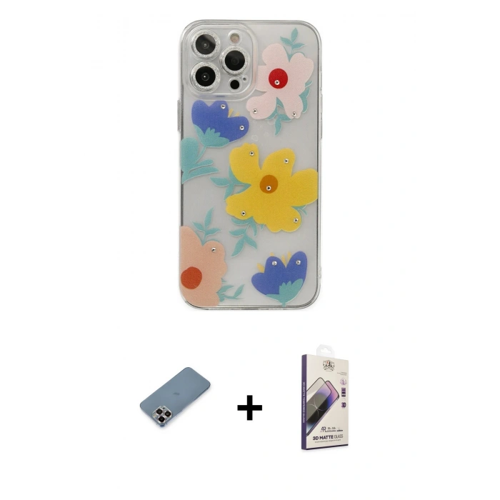 MARSİLYAN™- iPhone 13 Pro Max Kılıf Eksen Asil Prime - Siyah Bilvis 3D Mat Cam Ekran Koruyucu + Metal Kamera Lens Koruma Cam - MR