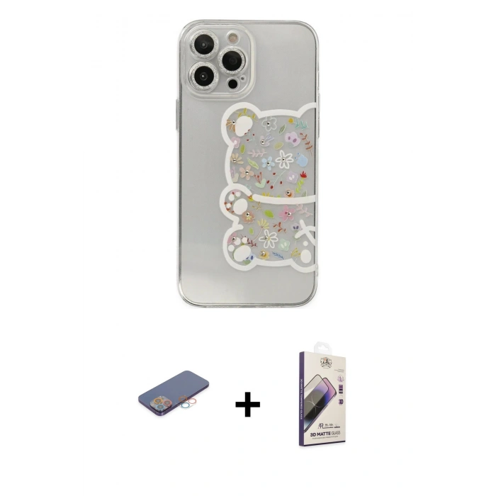 MARSİLYAN™- iPhone 13 Pro Max Kılıf Eksen Asil Prime - Siyah Bilvis 3D Mat Cam Ekran Koruyucu + Pembe Renkli Kamera Lens Koruma Cam