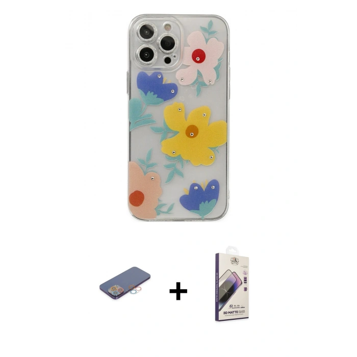 MARSİLYAN™- iPhone 13 Pro Max Kılıf Eksen Asil Prime - Siyah Bilvis 3D Mat Cam Ekran Koruyucu + Pembe Renkli Kamera Lens Koruma Cam