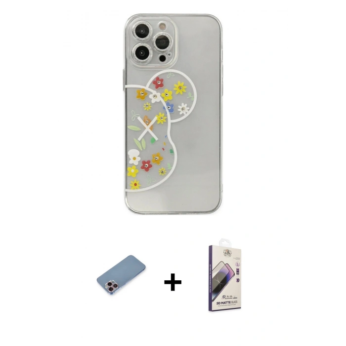 MARSİLYAN™- iPhone 13 Pro Max Kılıf Eksen Asil Prime - Siyah Bilvis 3D Mat Cam Ekran Koruyucu + Shine Kamera Lens Koruma Cam - PE