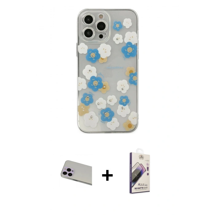 MARSİLYAN™- iPhone 13 Pro Max Kılıf Eksen Asil Prime - Siyah Bilvis 3D Mat Cam Ekran Koruyucu + Rainbow Kamera Lens Koruma Cam - MR