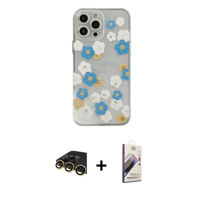 MARSİLYAN™- iPhone 13 Pro Max Kılıf Eksen Asil Prime - Siyah Bilvis 3D Mat Cam Ekran Koruyucu + Raze Metal Kamera Lens - GD