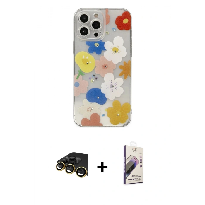 MARSİLYAN™- iPhone 13 Pro Max Kılıf Eksen Asil Prime - Siyah Bilvis 3D Mat Cam Ekran Koruyucu + Raze Metal Kamera Lens - GD