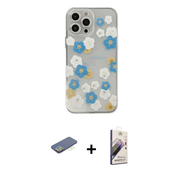 MARSİLYAN™- iPhone 13 Pro Max Kılıf Eksen Asil Prime - Siyah Bilvis 3D Mat Cam Ekran Koruyucu + Renkli Kamera Lens Koruma Cam - YL