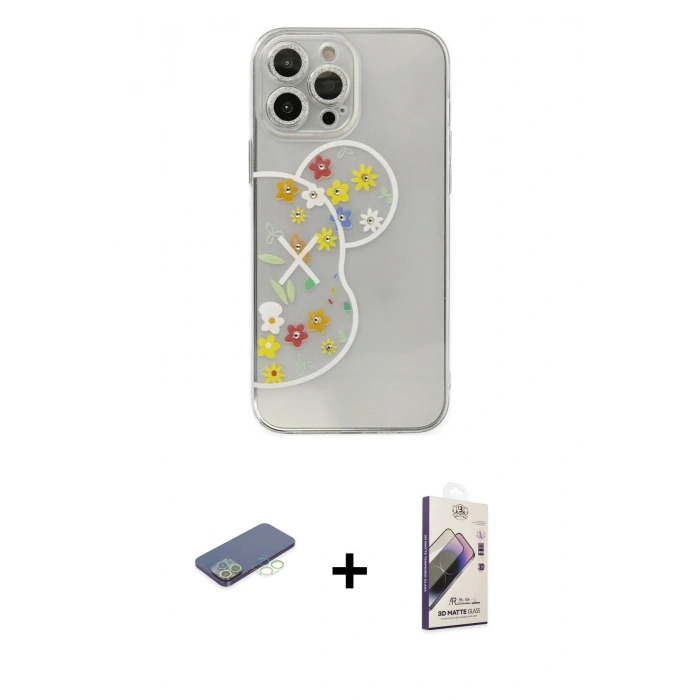 MARSİLYAN™- iPhone 13 Pro Max Kılıf Eksen Asil Prime - Siyah Bilvis 3D Mat Cam Ekran Koruyucu + Renkli Kamera Lens Koruma Cam - YL