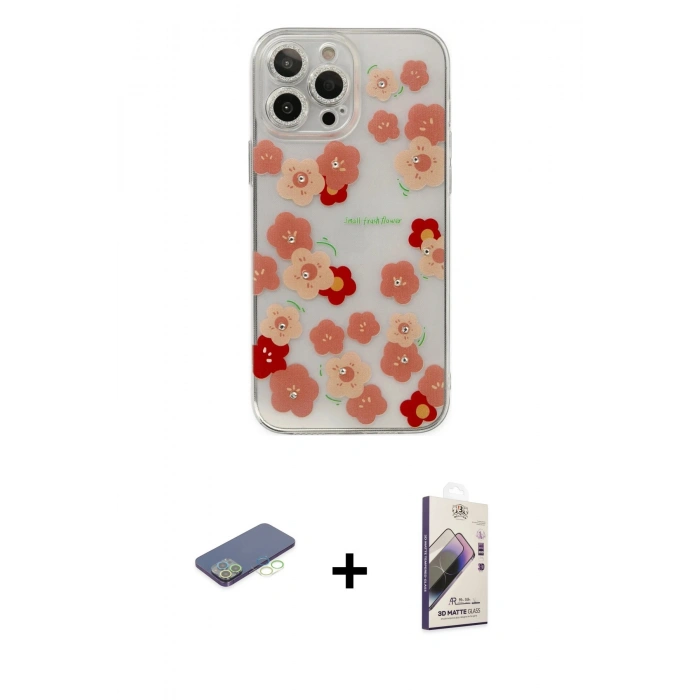 MARSİLYAN™- iPhone 13 Pro Max Kılıf Eksen Asil Prime - Siyah Bilvis 3D Mat Cam Ekran Koruyucu + Renkli Kamera Lens Koruma Cam - YL