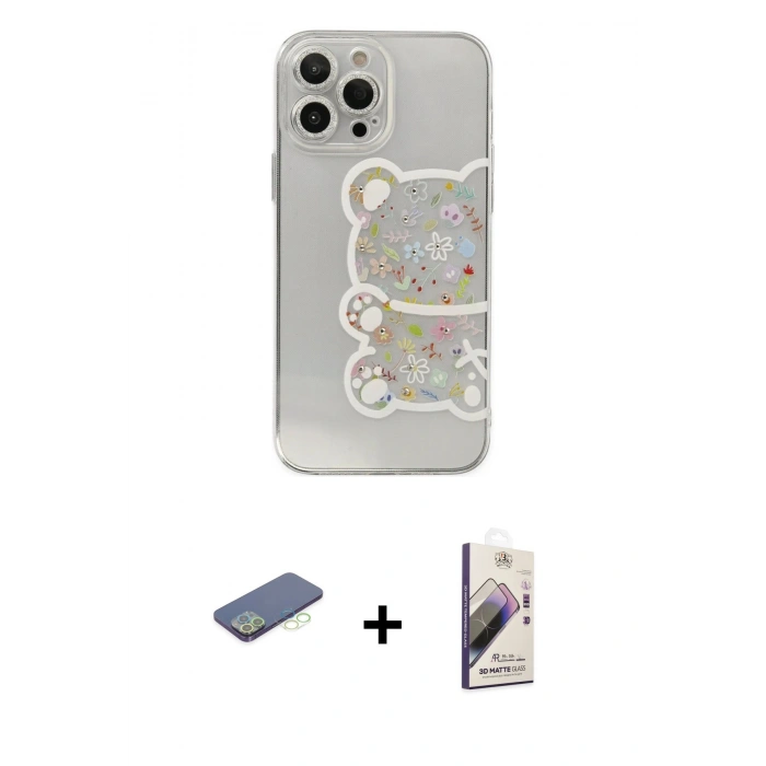 MARSİLYAN™- iPhone 13 Pro Max Kılıf Eksen Asil Prime - Siyah Bilvis 3D Mat Cam Ekran Koruyucu + Renkli Kamera Lens Koruma Cam - YL