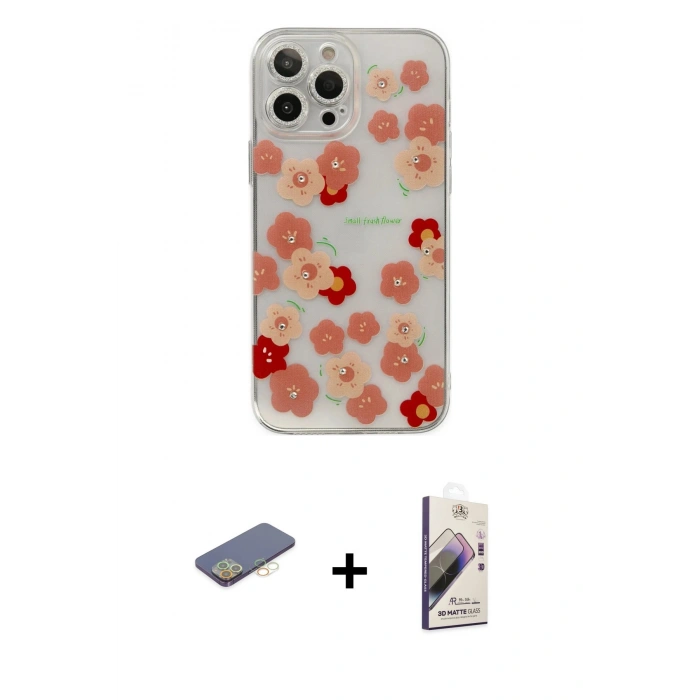 MARSİLYAN™- iPhone 13 Pro Max Kılıf Eksen Asil Prime - Siyah Bilvis 3D Mat Cam Ekran Koruyucu + Renkli Kamera Lens Koruma Cam - SI