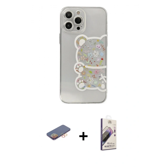 MARSİLYAN™- iPhone 13 Pro Max Kılıf Eksen Asil Prime - Siyah Bilvis 3D Mat Cam Ekran Koruyucu + Renkli Kamera Lens Koruma Cam - TU