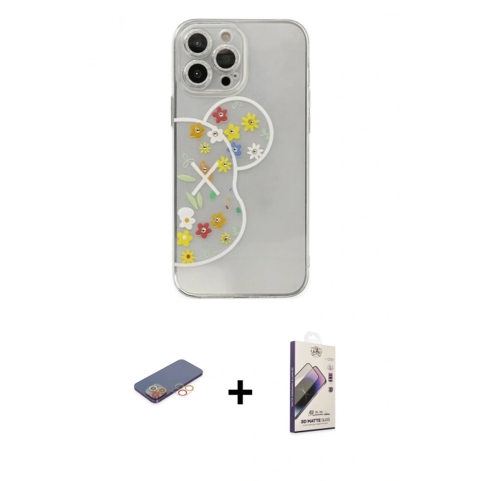 MARSİLYAN™- iPhone 13 Pro Max Kılıf Eksen Asil Prime - Siyah Bilvis 3D Mat Cam Ekran Koruyucu + Renkli Kamera Lens Koruma Cam - TU
