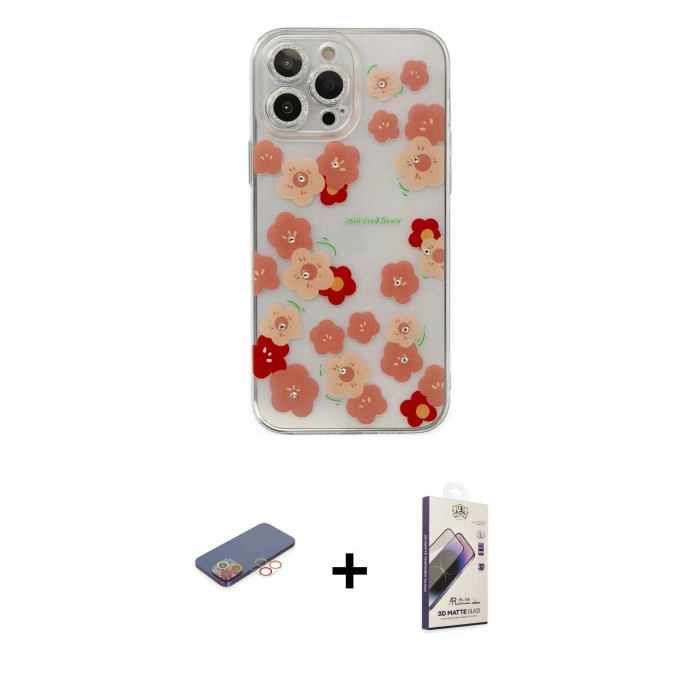 MARSİLYAN™- iPhone 13 Pro Max Kılıf Eksen Asil Prime - Siyah Bilvis 3D Mat Cam Ekran Koruyucu + Renkli Kamera Lens Koruma Cam - TU