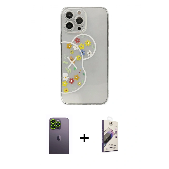 MARSİLYAN™- iPhone 13 Pro Max Kılıf Eksen Asil Prime - Siyah Bilvis 3D Mat Cam Ekran Koruyucu + Neon Fosforlu Kamera Lens - YL