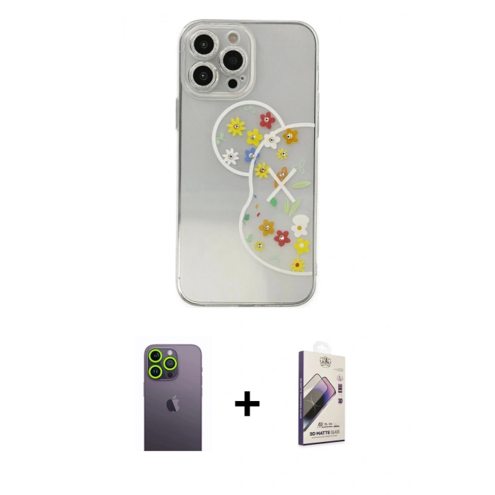 MARSİLYAN™- iPhone 13 Pro Max Kılıf Eksen Asil Prime - Siyah Bilvis 3D Mat Cam Ekran Koruyucu + Neon Fosforlu Kamera Lens - YL
