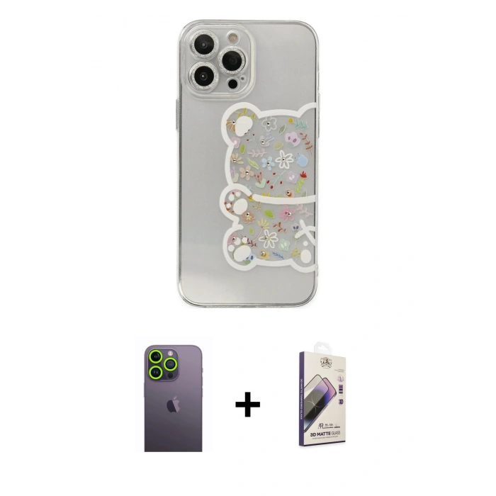 MARSİLYAN™- iPhone 13 Pro Max Kılıf Eksen Asil Prime - Siyah Bilvis 3D Mat Cam Ekran Koruyucu + Neon Fosforlu Kamera Lens - YL