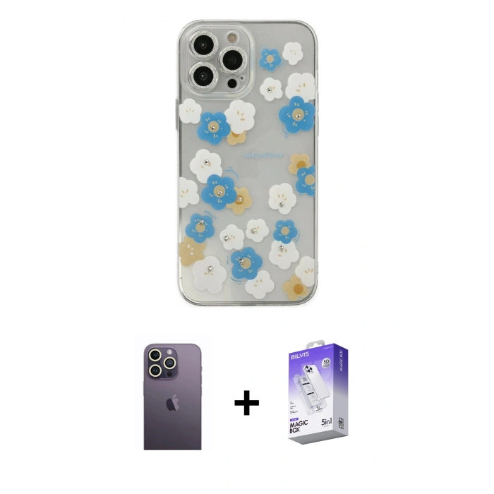 MARSİLYAN™- iPhone 13 Pro Max Kılıf Eksen Asil Prime - Siyah Bilvis 5in1 3D Magic Cam Ekran Koruyucu + Neon Fosforlu Kamera Lens - BZ