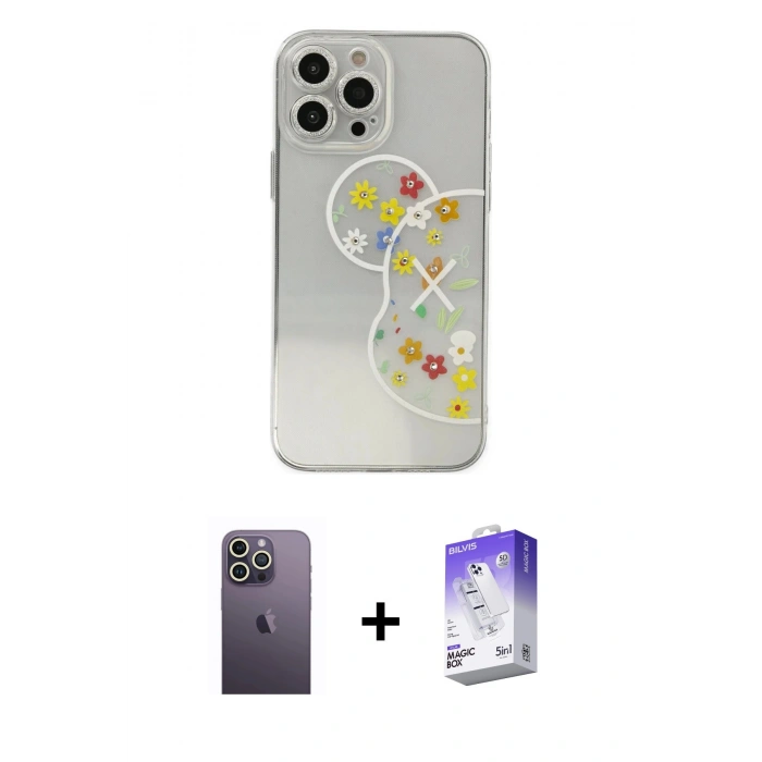 MARSİLYAN™- iPhone 13 Pro Max Kılıf Eksen Asil Prime - Siyah Bilvis 5in1 3D Magic Cam Ekran Koruyucu + Neon Fosforlu Kamera Lens - BZ