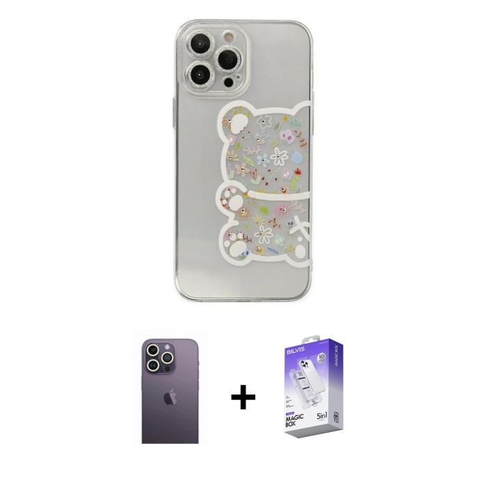 MARSİLYAN™- iPhone 13 Pro Max Kılıf Eksen Asil Prime - Siyah Bilvis 5in1 3D Magic Cam Ekran Koruyucu + Neon Fosforlu Kamera Lens - BZ