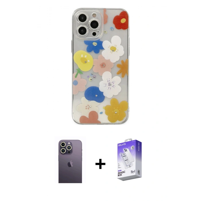 MARSİLYAN™- iPhone 13 Pro Max Kılıf Eksen Asil Prime - Siyah Bilvis 5in1 3D Magic Cam Ekran Koruyucu + Neon Fosforlu Kamera Lens - BZ