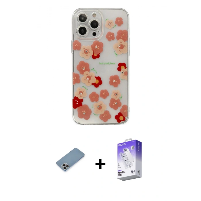 MARSİLYAN™- iPhone 13 Pro Max Kılıf Eksen Asil Prime - Siyah Bilvis 5in1 3D Magic Cam Ekran Koruyucu + Gökkuşağı Shine Kamera Lens Koruma Cam