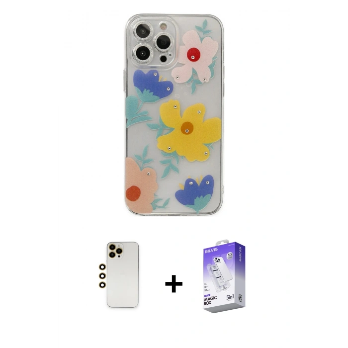 MARSİLYAN™- iPhone 13 Pro Max Kılıf Eksen Asil Prime - Siyah Bilvis 5in1 3D Magic Cam Ekran Koruyucu + Shine Kamera Lens - GD