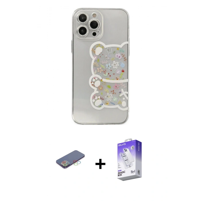 MARSİLYAN™- iPhone 13 Pro Max Kılıf Eksen Asil Prime - Siyah Bilvis 5in1 3D Magic Cam Ekran Koruyucu + Renkli Kamera Lens Koruma Cam - MI