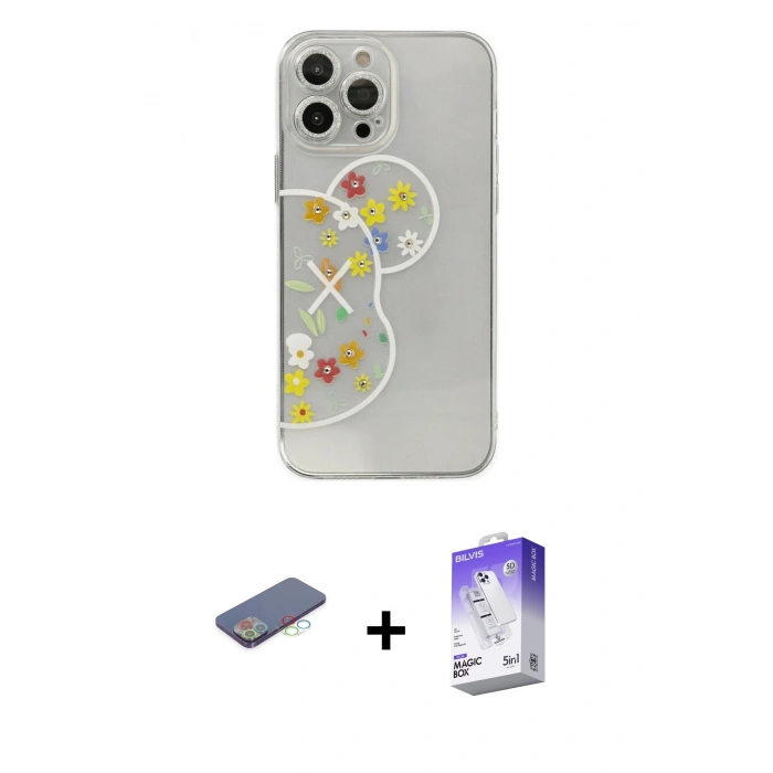 MARSİLYAN™- iPhone 13 Pro Max Kılıf Eksen Asil Prime - Siyah Bilvis 5in1 3D Magic Cam Ekran Koruyucu + Renkli Kamera Lens Koruma Cam - MI