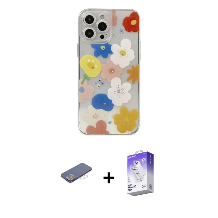 MARSİLYAN™- iPhone 13 Pro Max Kılıf Eksen Asil Prime - Siyah Bilvis 5in1 3D Magic Cam Ekran Koruyucu + Renkli Kamera Lens Koruma Cam - MI