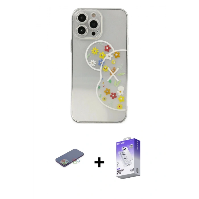 MARSİLYAN™- iPhone 13 Pro Max Kılıf Eksen Asil Prime - Siyah Bilvis 5in1 3D Magic Cam Ekran Koruyucu + Renkli Kamera Lens Koruma Cam - MI