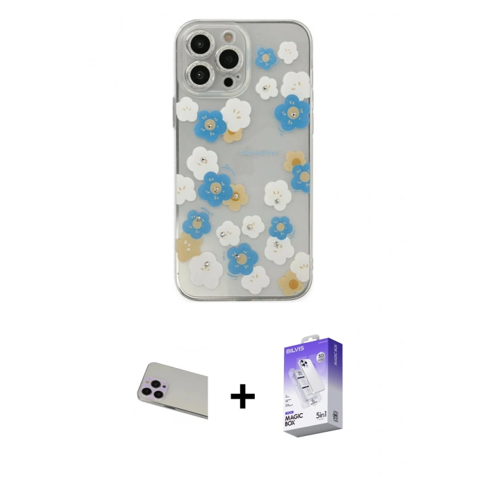 MARSİLYAN™- iPhone 13 Pro Max Kılıf Eksen Asil Prime - Siyah Bilvis 5in1 3D Magic Cam Ekran Koruyucu + Rainbow Kamera Lens Koruma Cam - MR