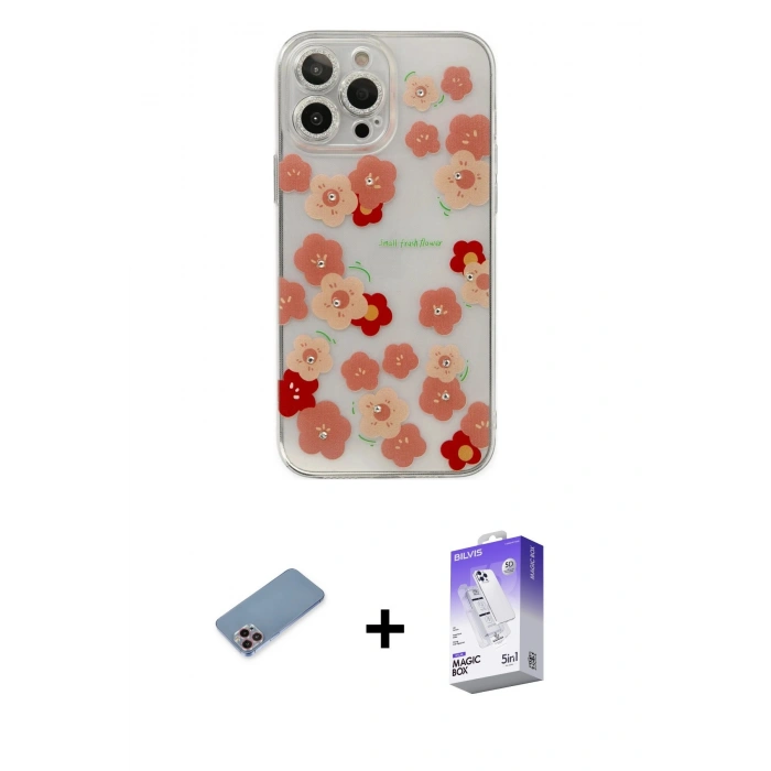MARSİLYAN™- iPhone 13 Pro Max Kılıf Eksen Asil Prime - Siyah Bilvis 5in1 3D Magic Cam Ekran Koruyucu + Shine Kamera Lens Koruma Cam - PE