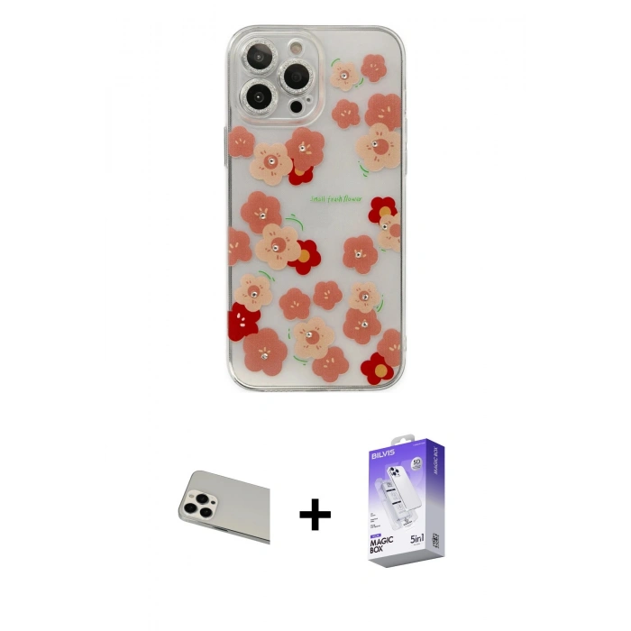 MARSİLYAN™- iPhone 13 Pro Max Kılıf Eksen Asil Prime - Siyah Bilvis 5in1 3D Magic Cam Ekran Koruyucu + Rainbow Kamera Lens Koruma Cam - BZ