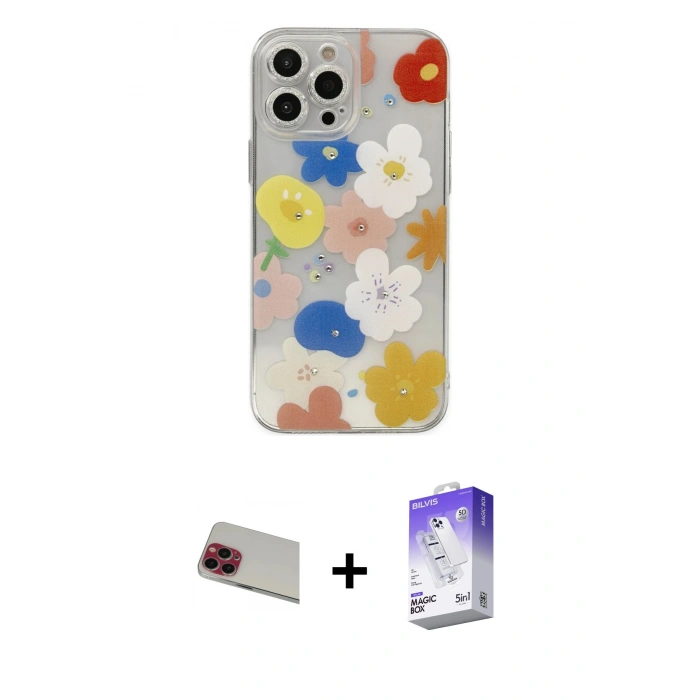MARSİLYAN™- iPhone 13 Pro Max Kılıf Eksen Asil Prime - Siyah Bilvis 5in1 3D Magic Cam Ekran Koruyucu + Rainbow Kamera Lens Koruma Cam - KI