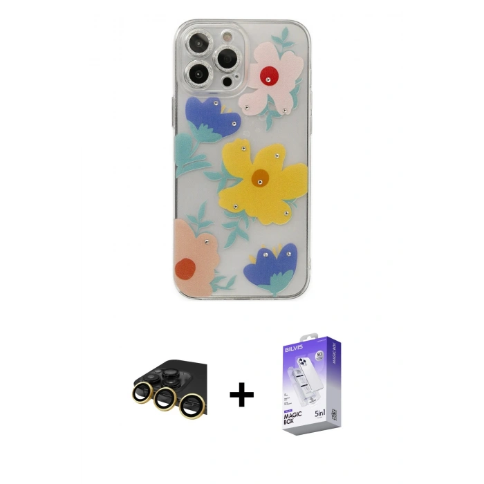 MARSİLYAN™- iPhone 13 Pro Max Kılıf Eksen Asil Prime - Siyah Bilvis 5in1 3D Magic Cam Ekran Koruyucu + Raze Metal Kamera Lens - GD