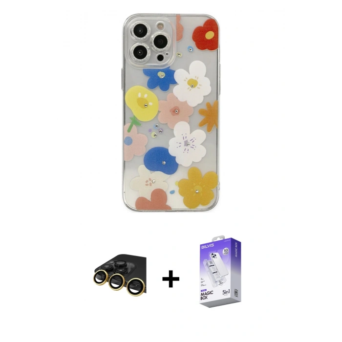 MARSİLYAN™- iPhone 13 Pro Max Kılıf Eksen Asil Prime - Siyah Bilvis 5in1 3D Magic Cam Ekran Koruyucu + Raze Metal Kamera Lens - GD