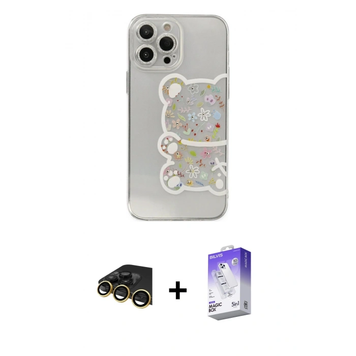 MARSİLYAN™- iPhone 13 Pro Max Kılıf Eksen Asil Prime - Siyah Bilvis 5in1 3D Magic Cam Ekran Koruyucu + Raze Metal Kamera Lens - GD