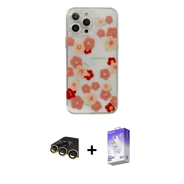MARSİLYAN™- iPhone 13 Pro Max Kılıf Eksen Asil Prime - Siyah Bilvis 5in1 3D Magic Cam Ekran Koruyucu + Raze Metal Kamera Lens - GD